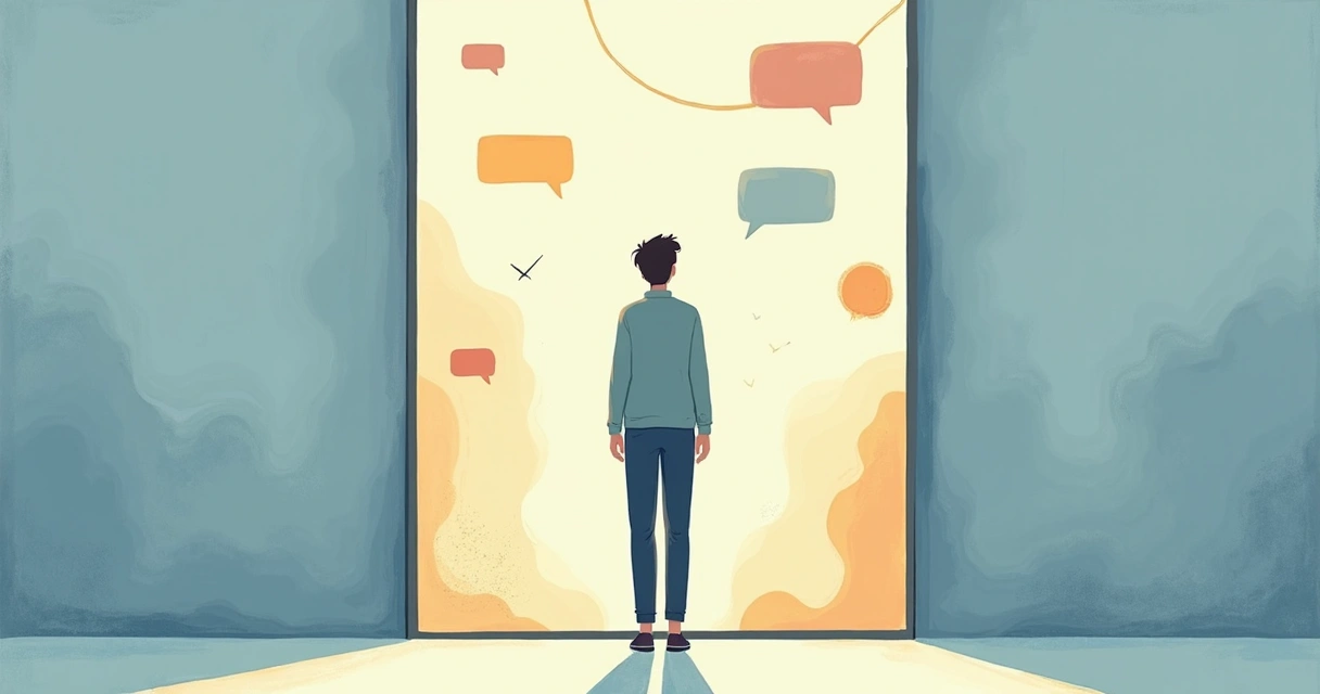 Illustration of a person facing a mirror, surrounded by abstract shapes reflecting feedback and personal change 
