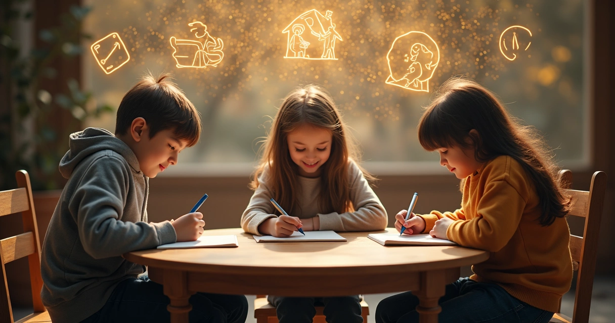 Three individuals reflecting on their life stories with journal entries and connecting threads 