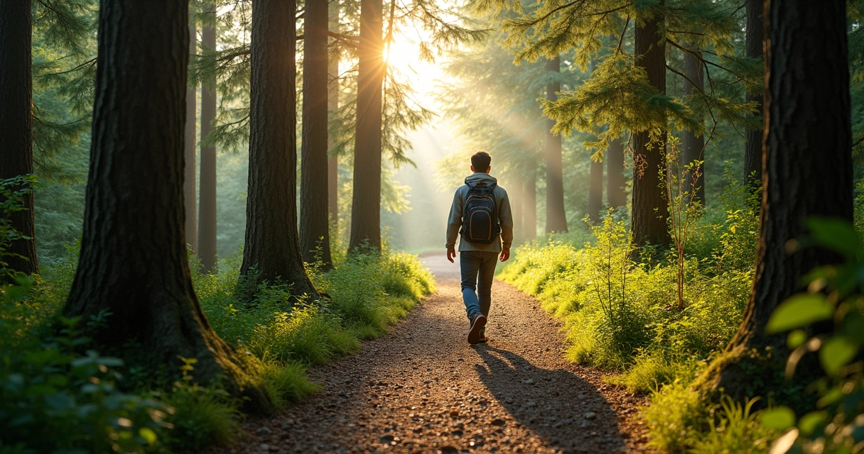 Person walking up winding forest trail with sunlight filtering through trees.