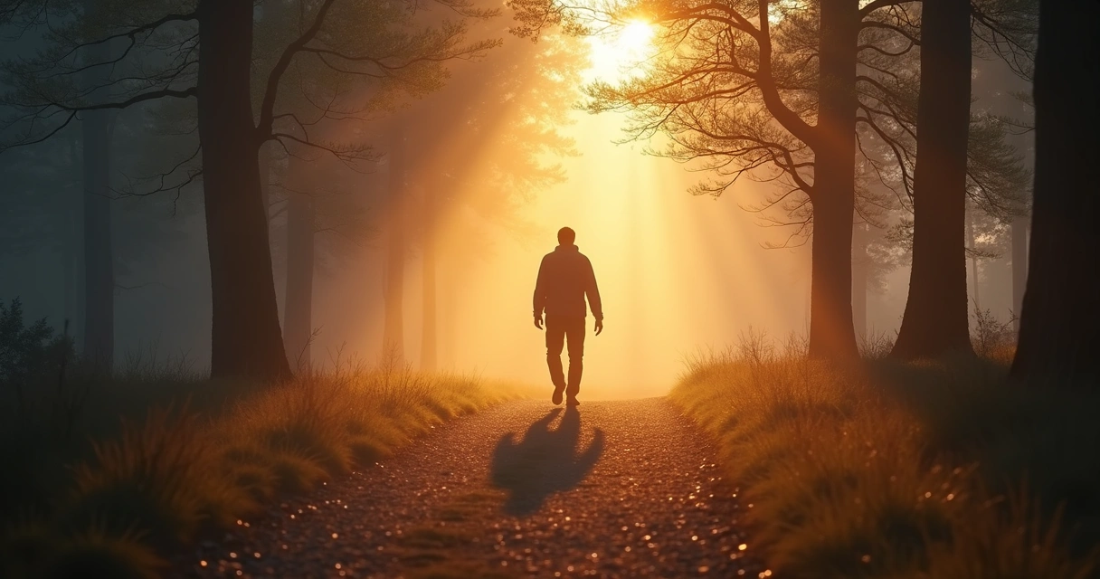 Human silhouette walking along a path with soft light ahead, surrounded by mist and trees 