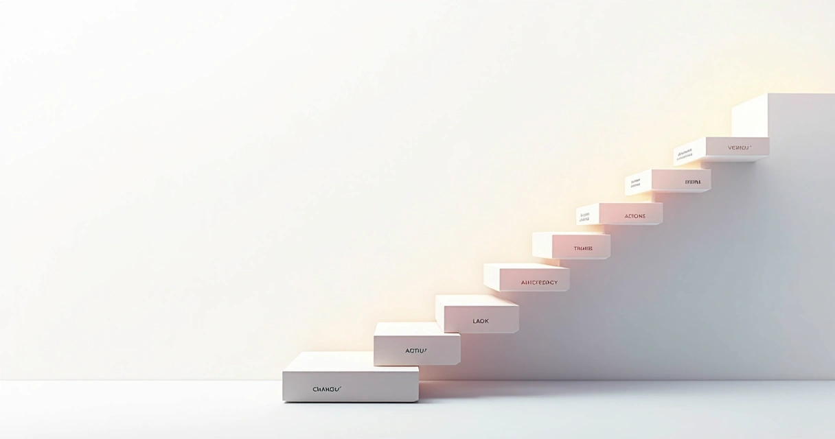 Conceptual staircase showing seven ascending steps, each step labeled with a personal transformation level, minimalist style 