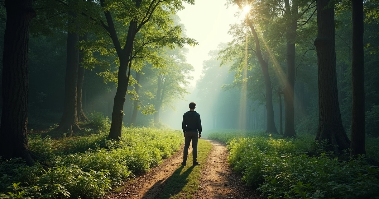 A person standing at a branching forest path with sunlight filtering through trees, symbolizing inner choice. 