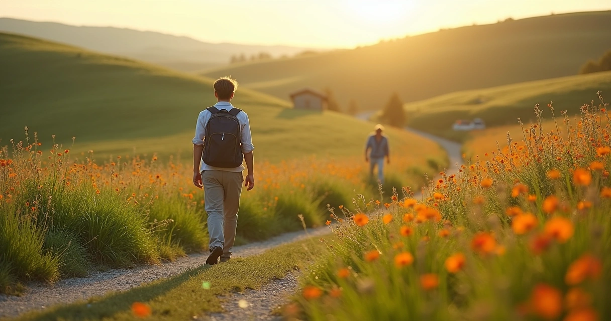 Person walking on a path with flowers, not looking at others