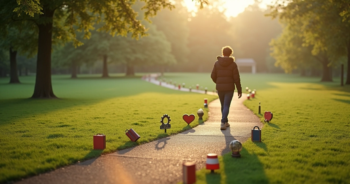 Person walking a path surrounded by symbols of growth