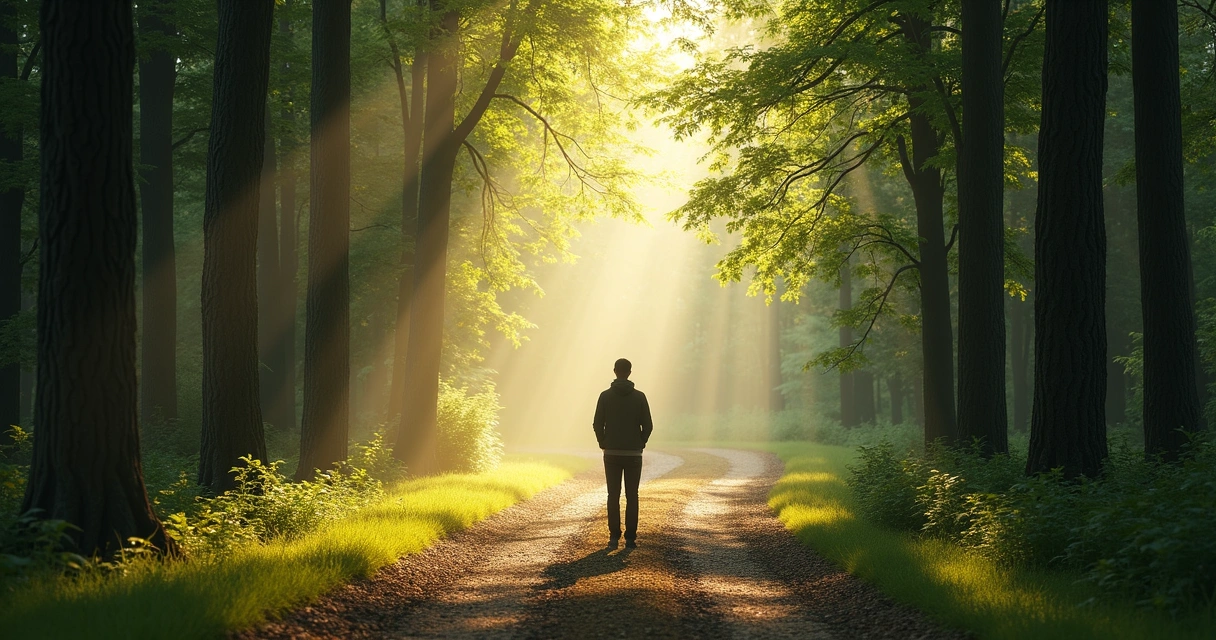 Person standing on a dirt path in sunlit woods, looking ahead 
