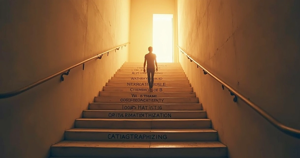 A staircase with nine labeled steps, each step representing a thinking error blocking growth 