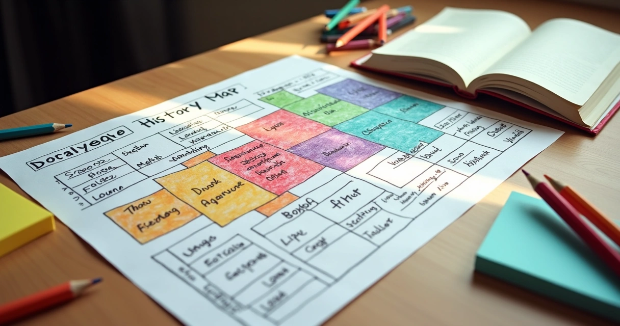 Hand-drawn personal history map with key life events, colored segments, and relationship labels 
