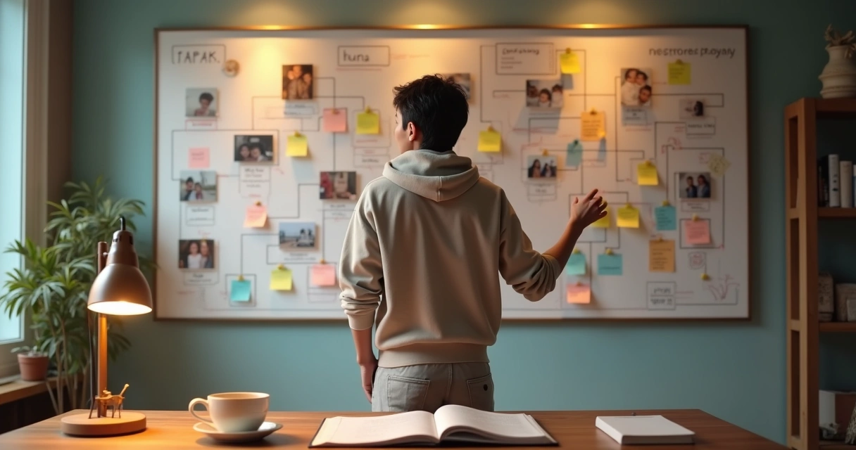 Person mapping personal history on a wall filled with notes and connecting lines 