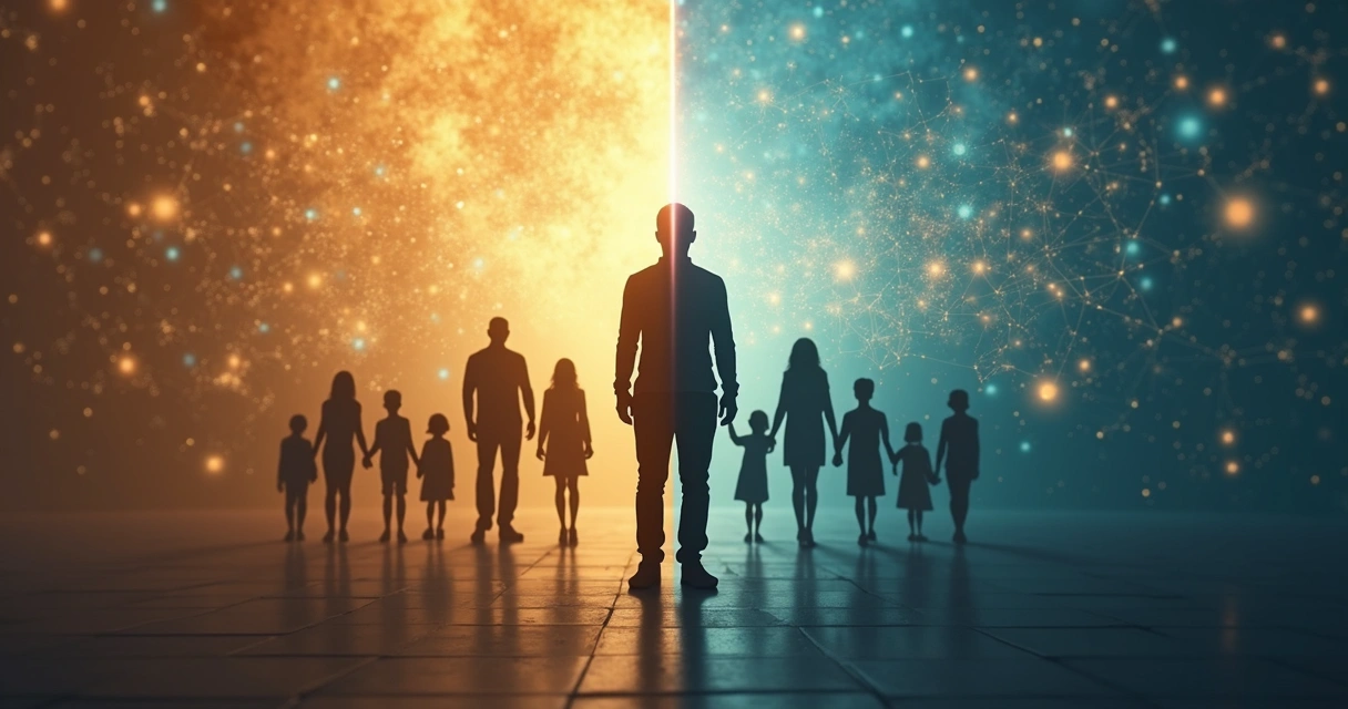 Human silhouette split between personal memories and systemic family patterns 