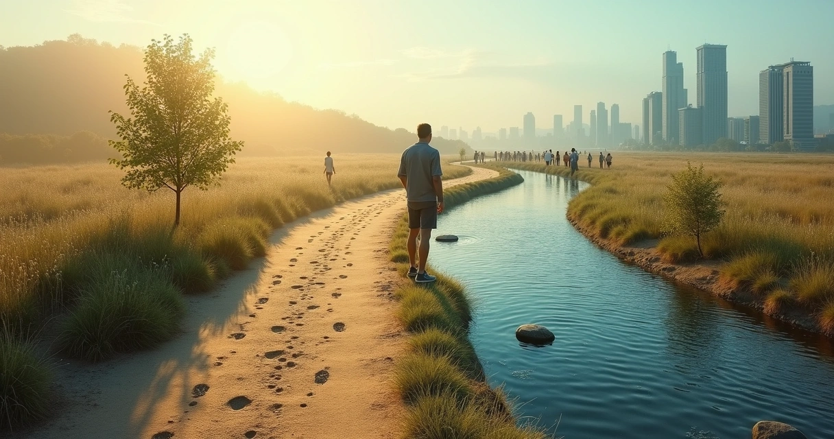 Person standing on a path that branches into an individual route and a collective route 