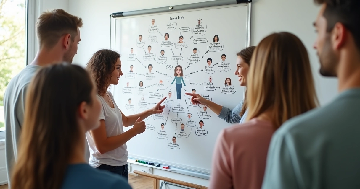 Personal impact map drawn on whiteboard with arrows and people icons 