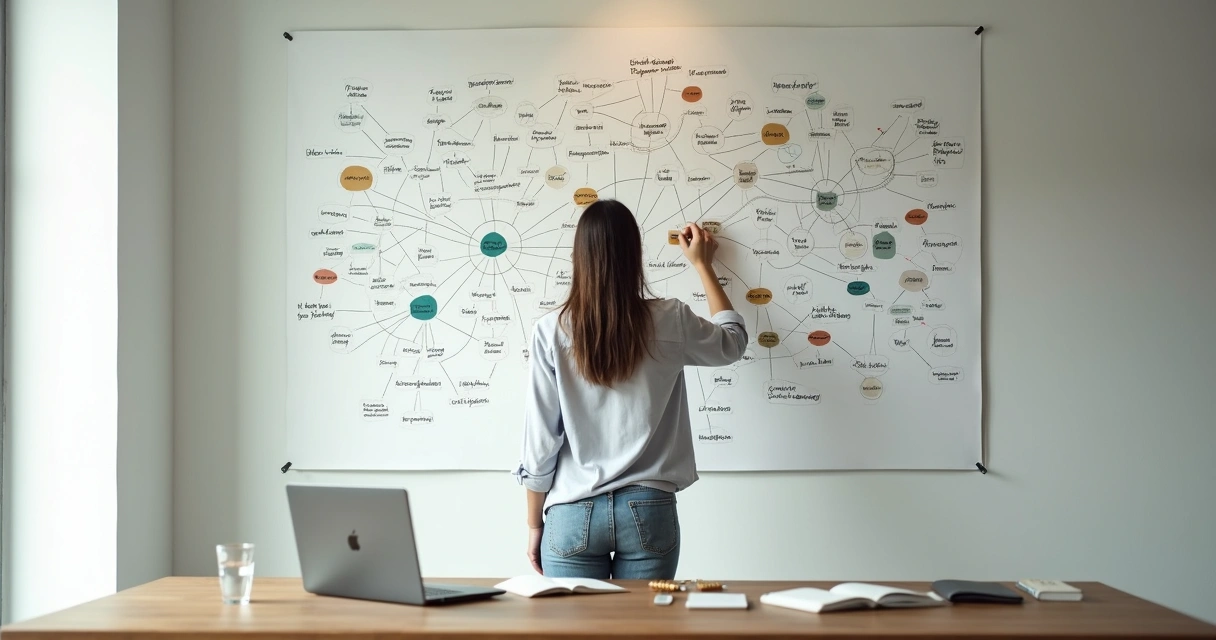 Person mapping their personal impact on a wall with connected circles and lines 