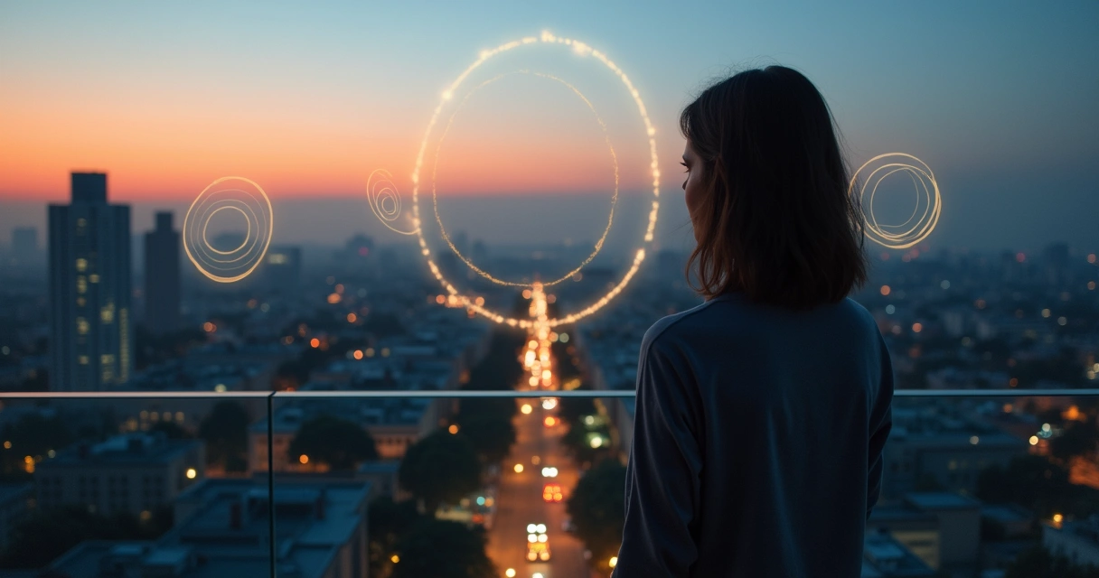 Person standing on rooftop terrace at dusk overlooking city with concentric circles of light around them 