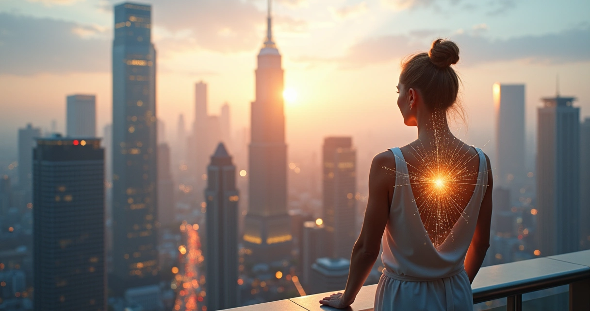 Person overlooking city with abstract waves of influence connecting people 