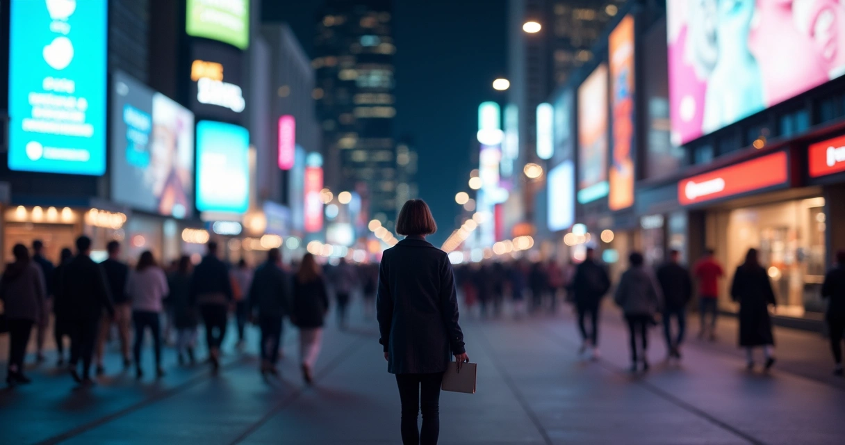 Person at night crossroads choosing a solitary path while a crowd moves the other way 