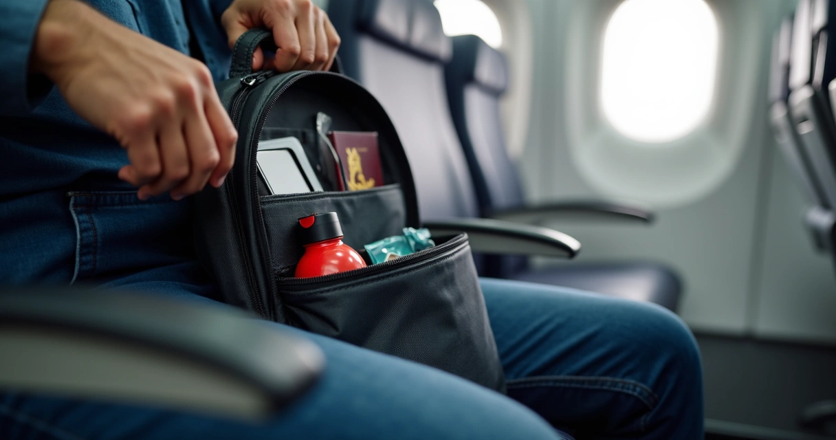 Traveler's personal item under the seat at an airport 