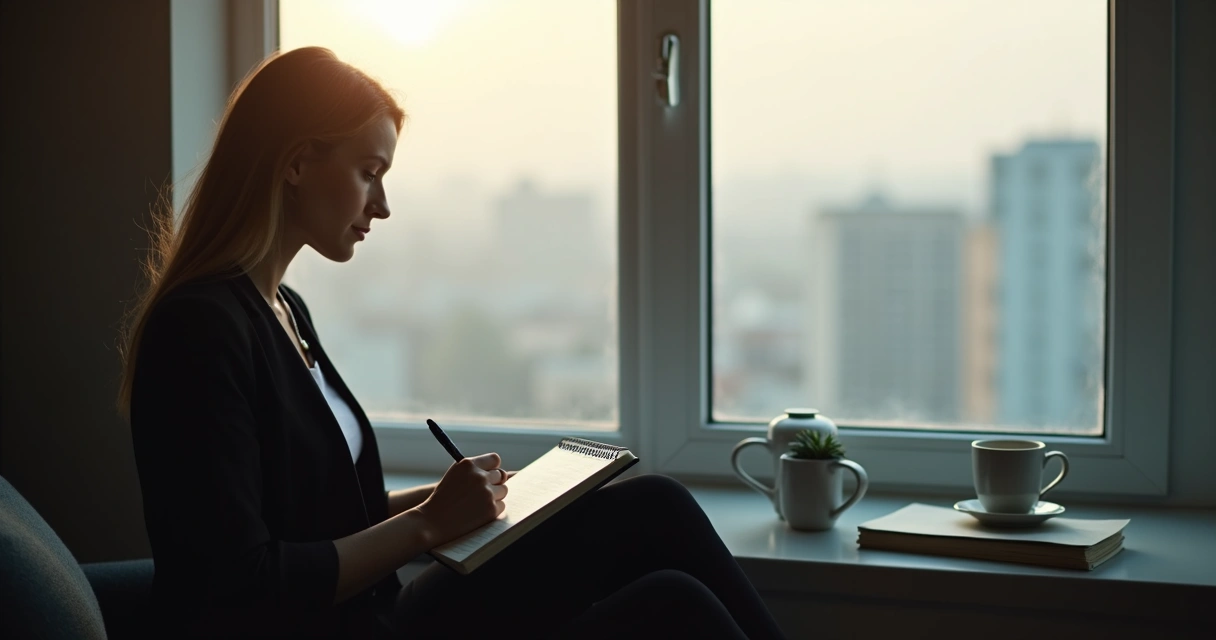 Leader reflecting quietly with notes and a cup of coffee. 