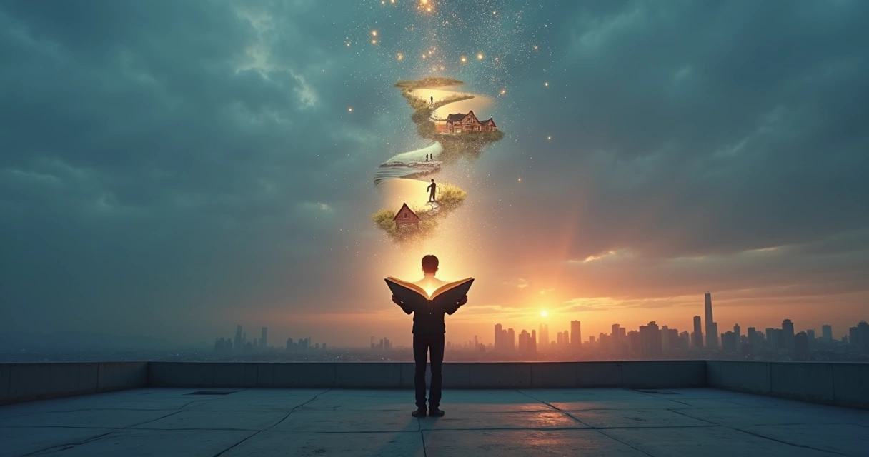 Person on rooftop reading glowing book with narrative scenes in the sky 