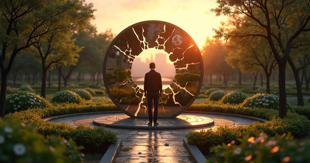 Person reflecting in fragmented mirror in circular garden path at sunset 