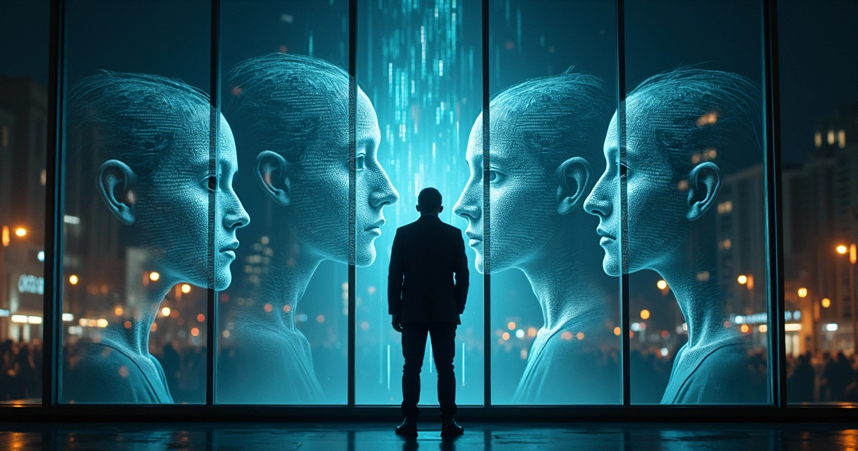 Silhouetted person facing a wall of narrative reflections and social ripples 