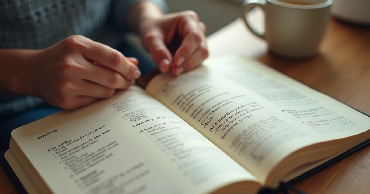 Hands writing in notebook with overlapping chapter headings, coffee mug on side, soft lighting 