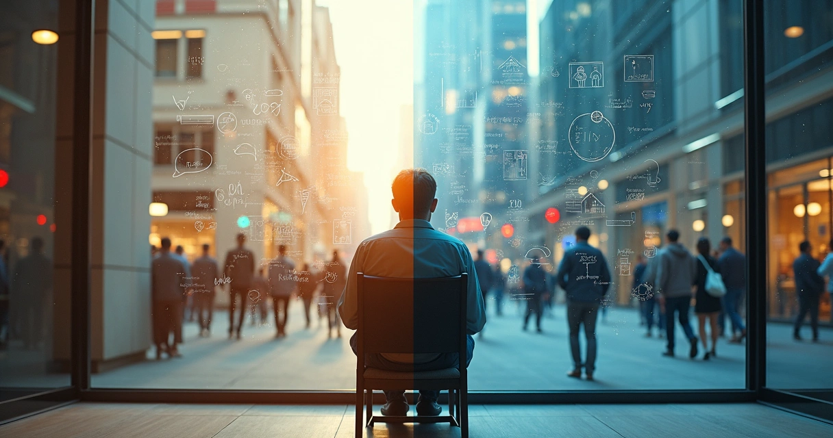 Split scene contrasting a person’s inner story with a busy shared city environment 