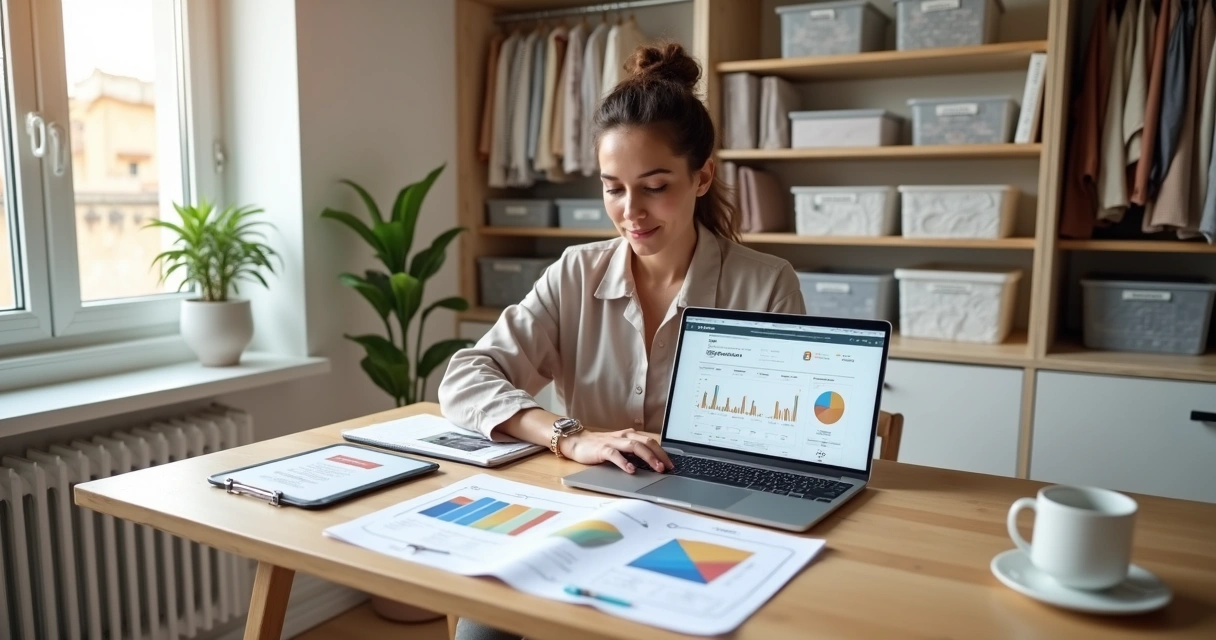 Personal organizer em escritório analisando finanças e fotos de antes e depois 