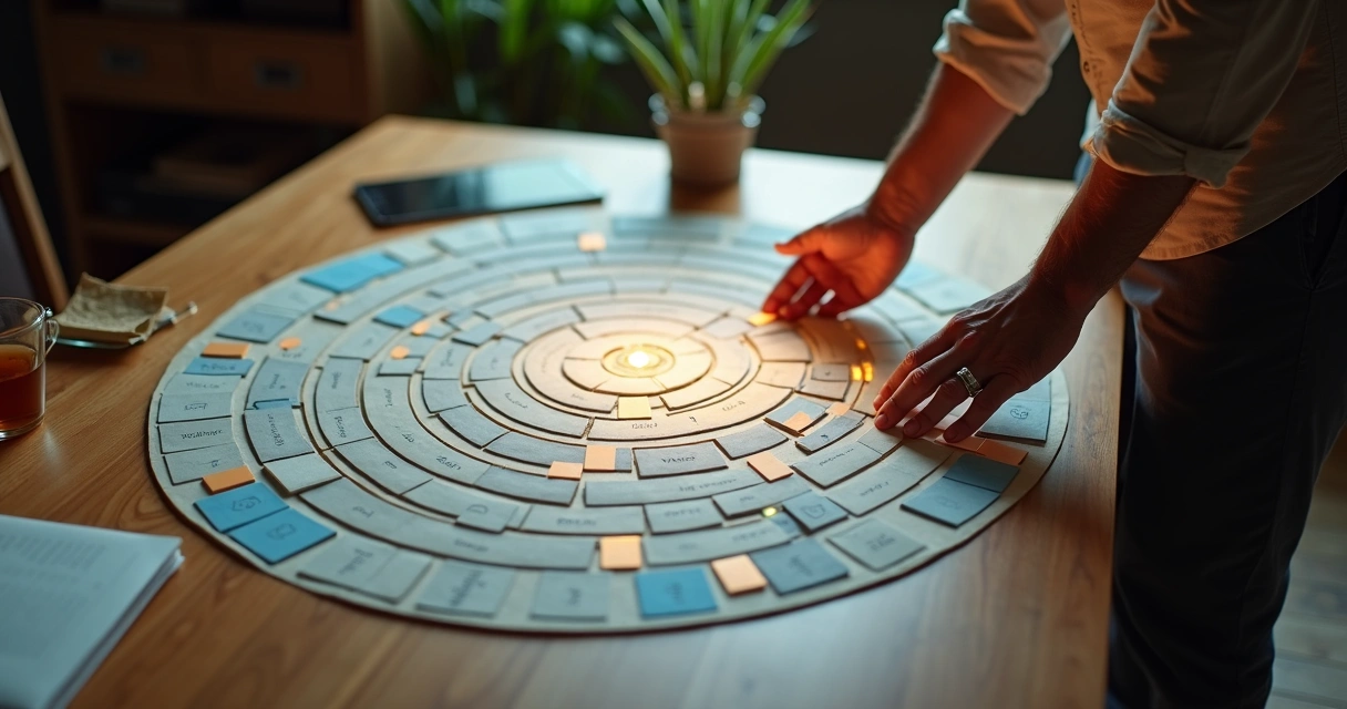 Top view of a person rearranging glowing tiles in a circular labyrinth map 
