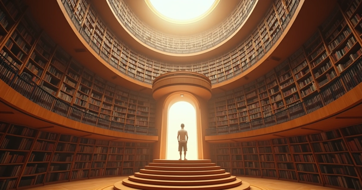 Adult standing on circular staircase in library looking at glowing doorway 