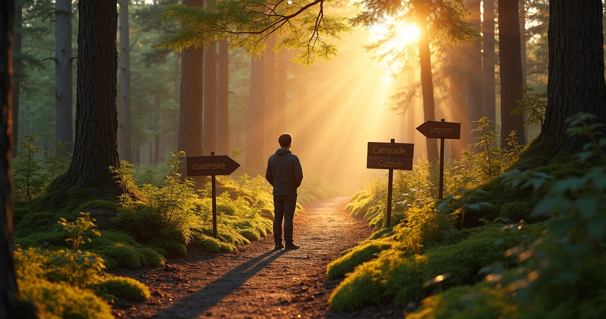 Person standing at crossroads in a natural landscape, contemplating paths ahead