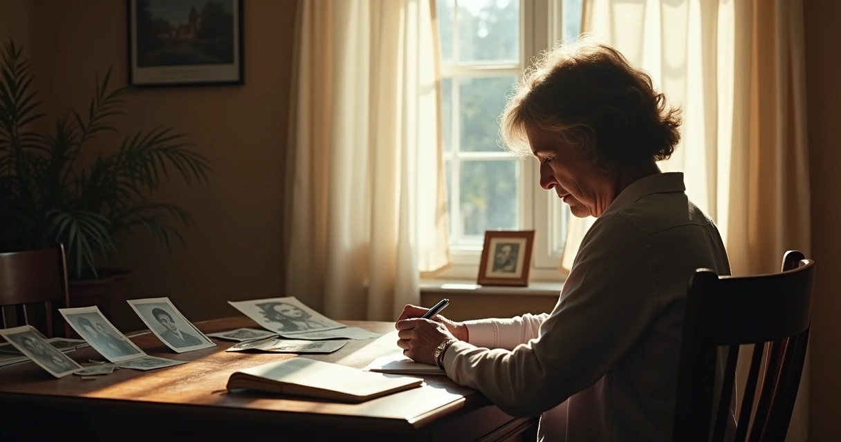 Person journaling by window with family photos, suggesting reflection on ancestry 