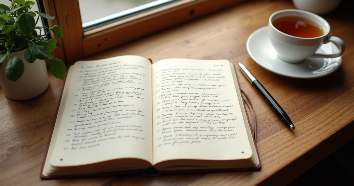 Open journal with handwritten notes and reflection prompts 