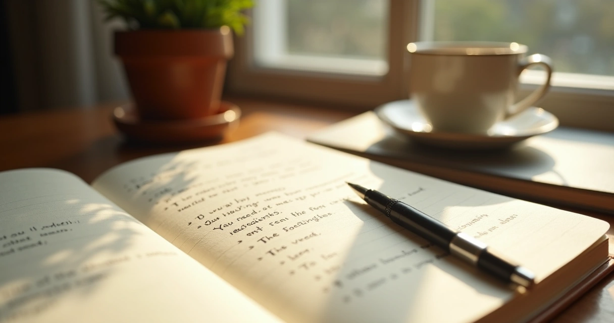 Journal and tea beside a window during quiet reflection