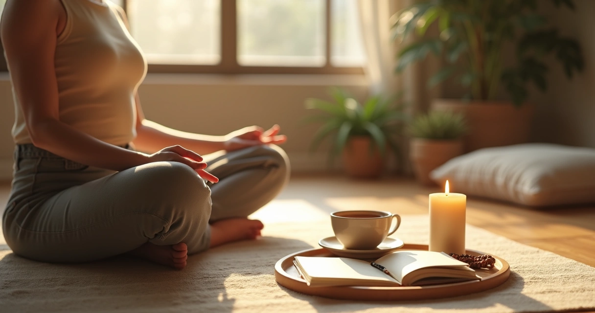 Person sitting on floor creating a simple personal reflection ritual with candle and journal 