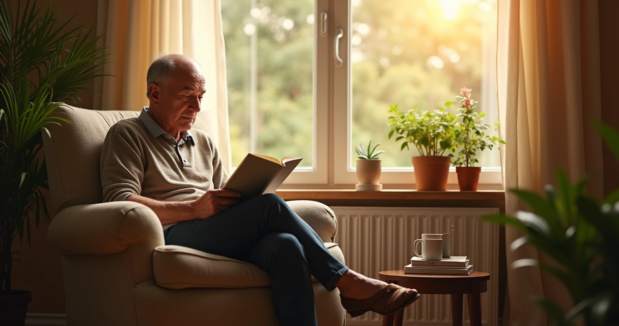 Person sitting quietly in a cozy room, looking thoughtful 