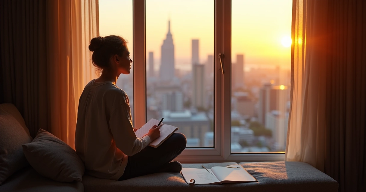 Person looking out window holding a notebook, deep in thought