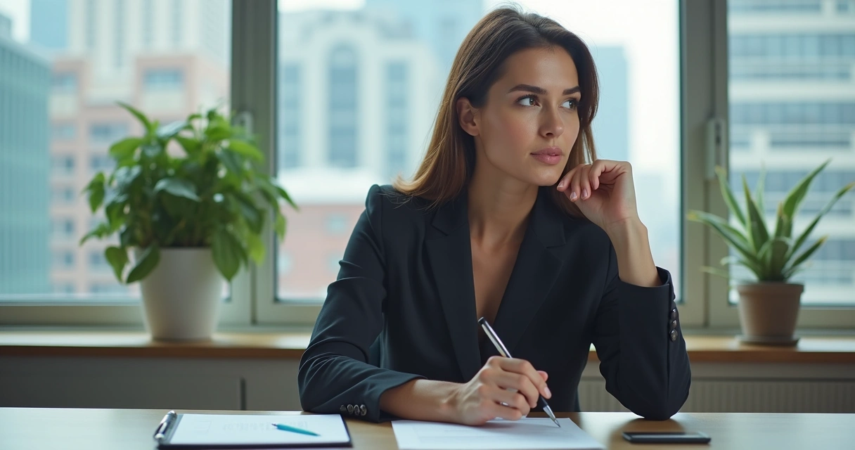 Professional woman reviewing notes in quiet office space, reflecting thoughtfully