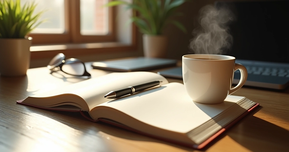 Notebook and pen on a desk with a coffee cup 