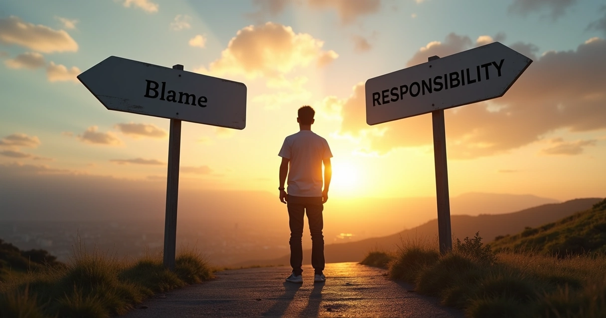 Person at a crossroads choosing between blame and responsibility 
