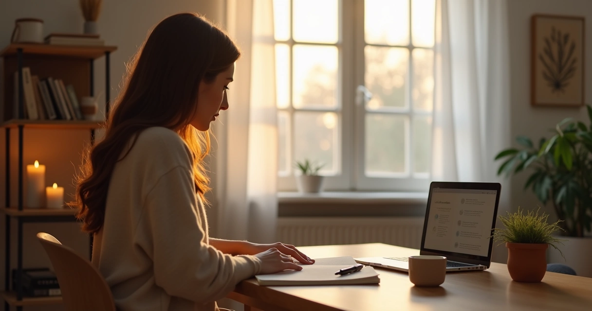 Person creating a calming evening ritual with journal and candle on a tidy desk 