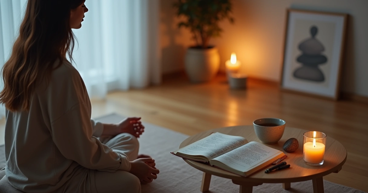 Person in quiet room journaling by candlelight with soft evening light 