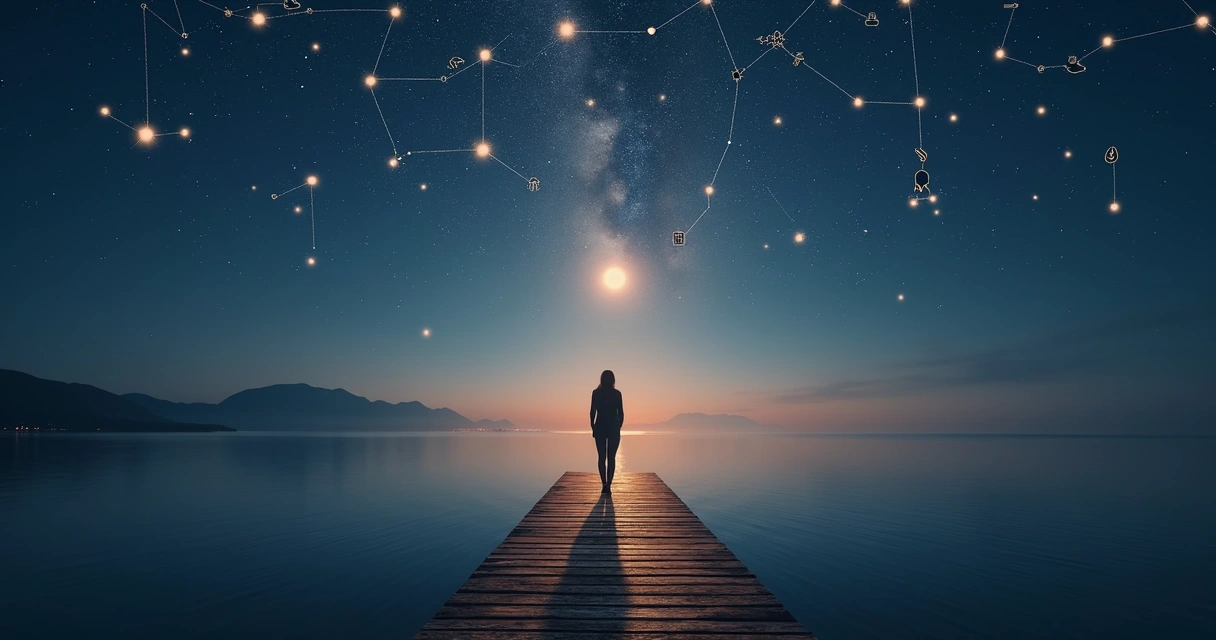 Person standing on a pier observing a night sky of connected symbolic constellations 