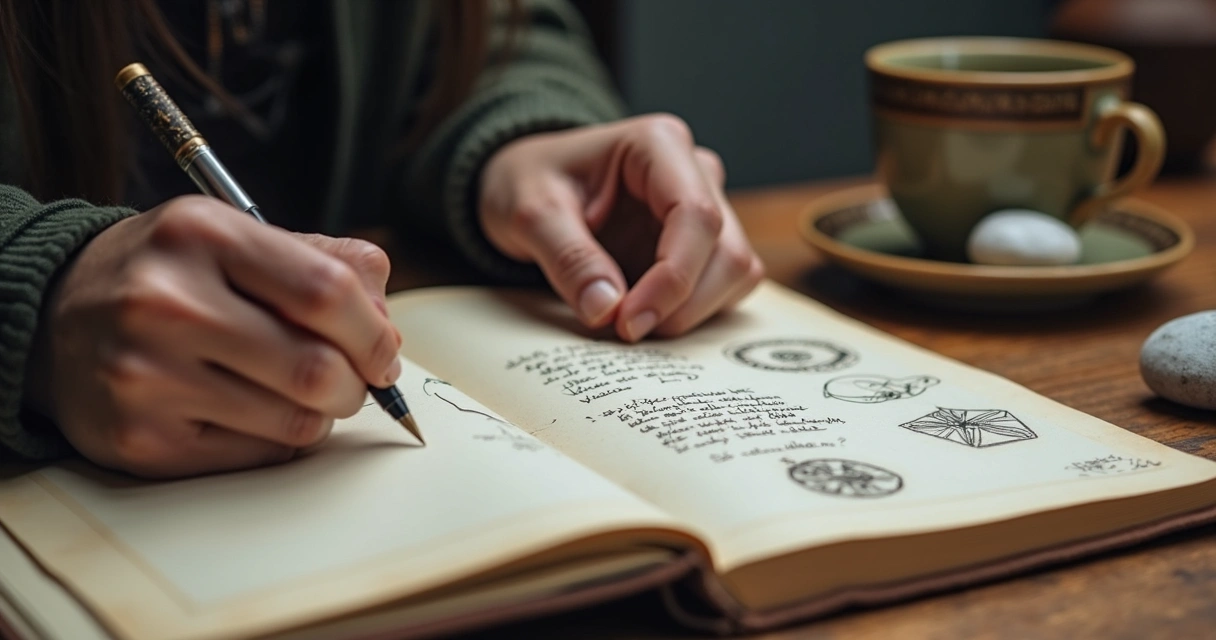 Close-up of a person writing in a rune journal