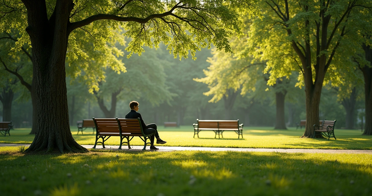 Person sitting alone on a park bench with space around 