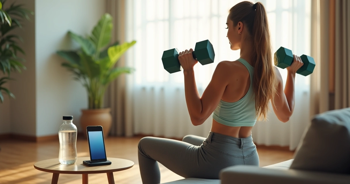 Mulher treinando bíceps com halteres orientada por aplicativo em casa 
