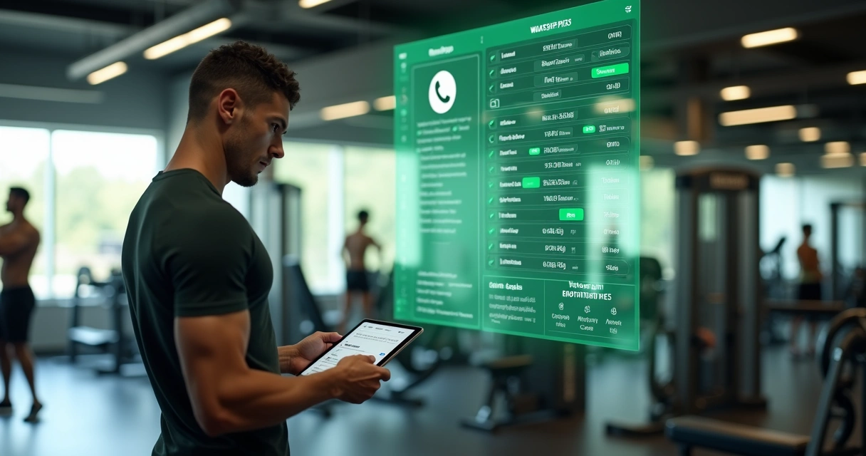 Personal trainer em academia usando painel digital para automatizar vendas pelo WhatsApp 