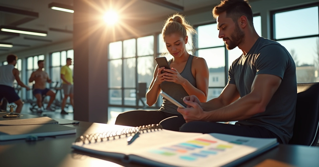 Personal trainer usa tablet para agendar treino de aluno em academia 