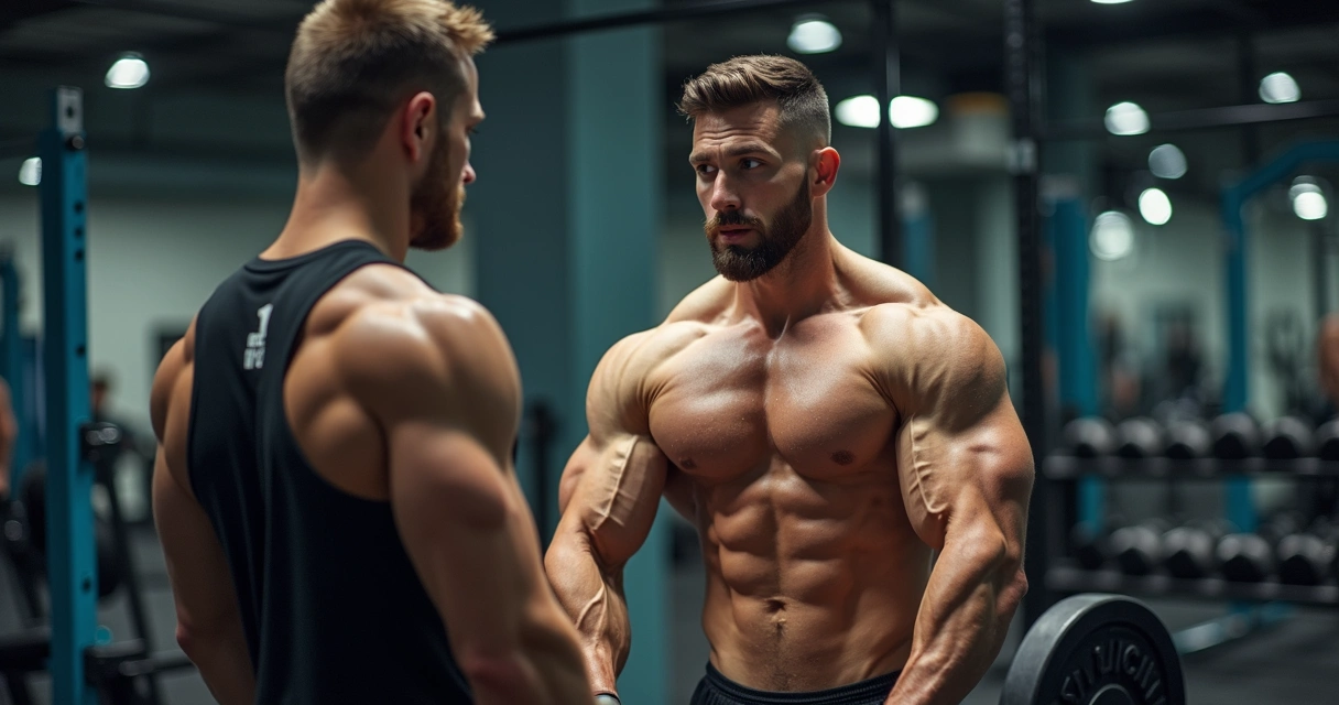 Personal trainer orientando homem durante treino na academia