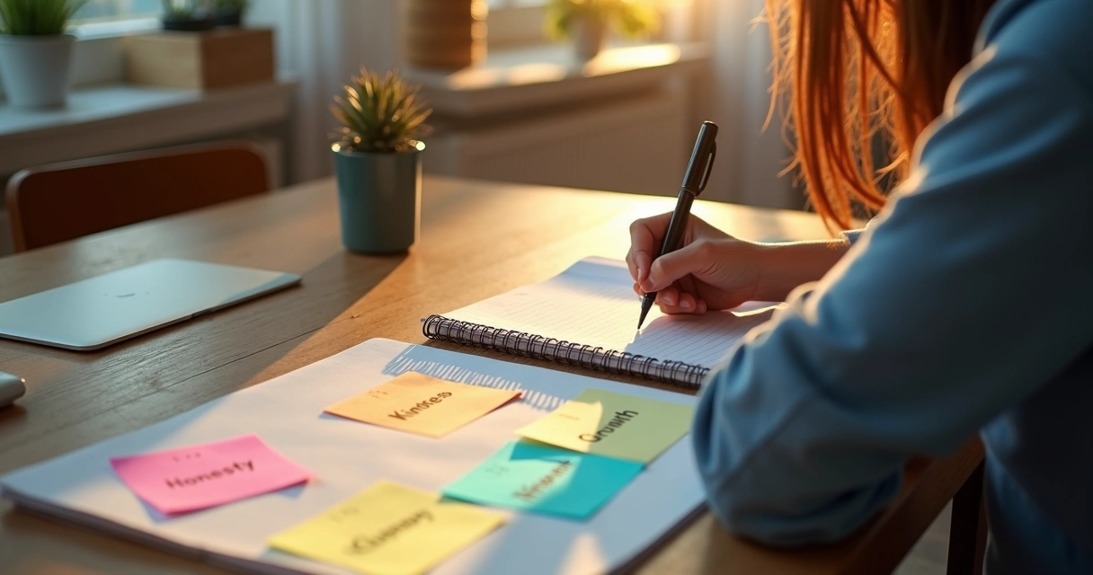 Person writing personal values on notebook at a wooden desk