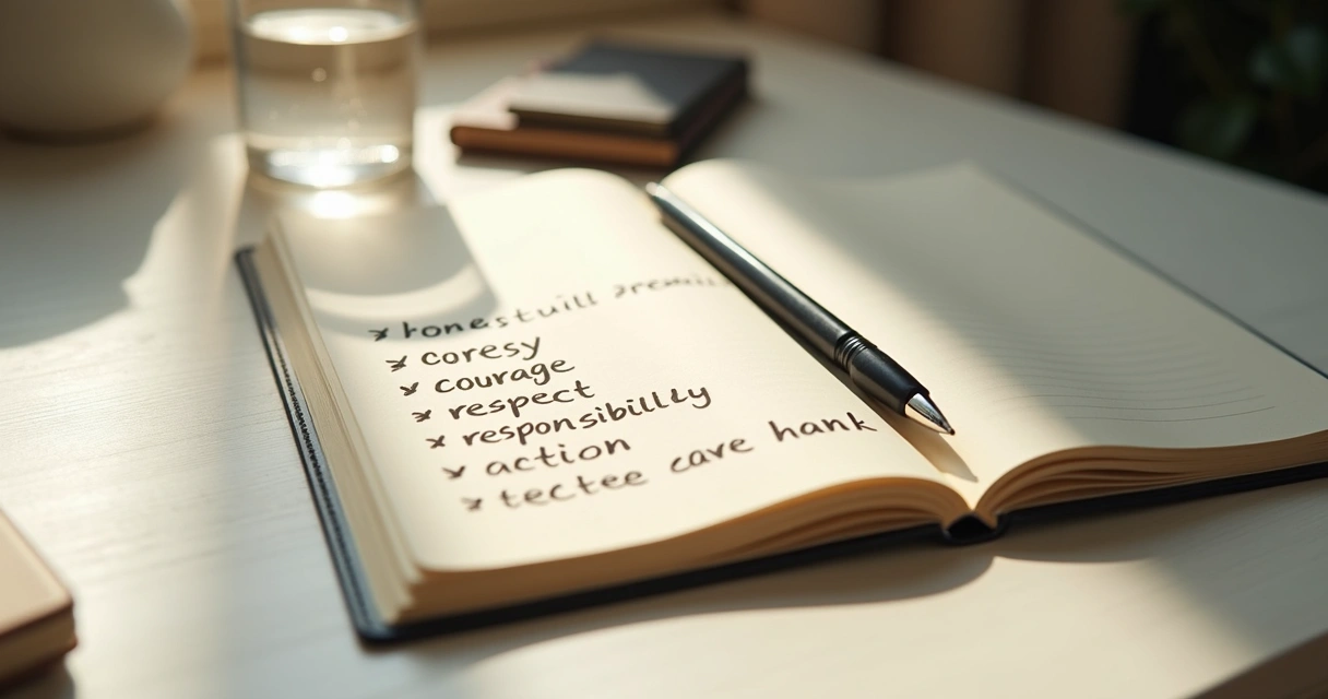 Open journal with handwritten values reflection on desk